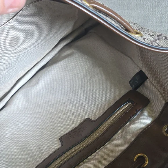 Cream and Brown Backpack with Signature Monogram13lx10d - Picture 5 of 8